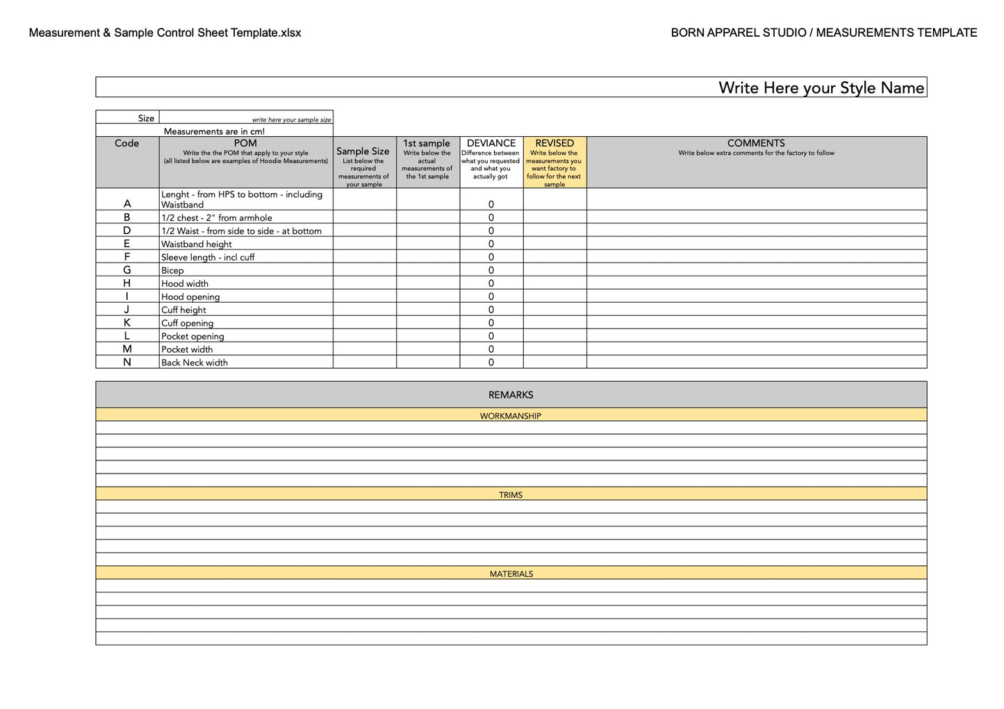 STARTER KIT Tech Pack Template + BONUS: Hoodie Tech Pack, BOM & Measurements Sheet